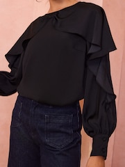 Love & Roses Black Bow Detail Drape Satin Blouse - Image 2 of 4