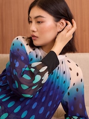 Love & Roses Blue Ombre Polka Dot High Neck Pleated Long Sleeve Blouse - Image 2 of 4