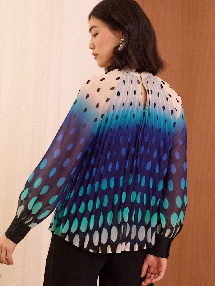 Love & Roses Blue Ombre Polka Dot High Neck Pleated Long Sleeve Blouse - Image 4 of 4