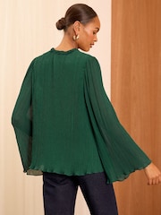 Love & Roses Green Pleated V Neck Flute Sleeve Blouse - Image 3 of 4