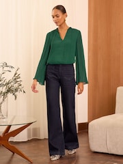 Love & Roses Green Pleated V Neck Flute Sleeve Blouse - Image 4 of 4