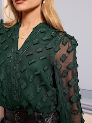 Love & Roses Green Petite 3D Floral V Neck Long Sleeve Blouse - Image 2 of 4