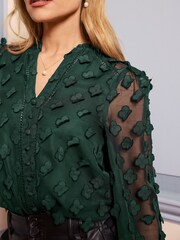 Love & Roses Green Petite 3D Floral V Neck Long Sleeve Blouse - Image 4 of 4