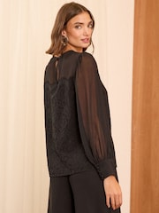 Love & Roses Black Petite Lace Chiffon Mix Crew Neck Blouse - Image 3 of 4