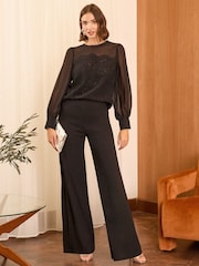 Love & Roses Black Petite Lace Chiffon Mix Crew Neck Blouse - Image 4 of 4