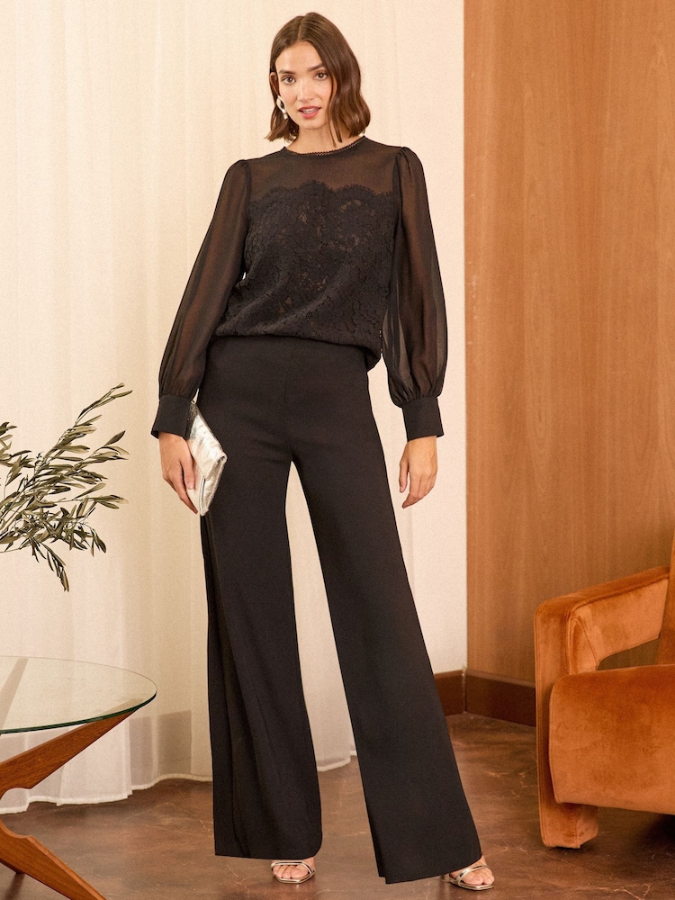 Love & Roses Black Petite Lace Chiffon Mix Crew Neck Blouse - Image 4 of 4