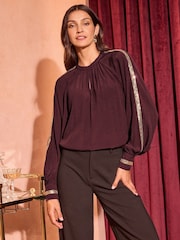 Love & Roses Red Crew Neck Sequin Trim Long Sleeve Blouse - Image 1 of 4