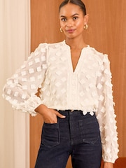 Love & Roses Ivory White 3D Floral V Neck Long Sleeve Blouse - Image 1 of 4