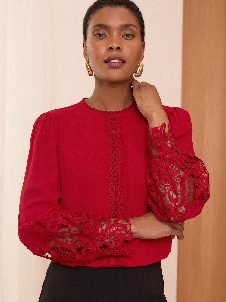 Love & Roses Red Lace Cuff Crew Neck Blouse - Image 1 of 4
