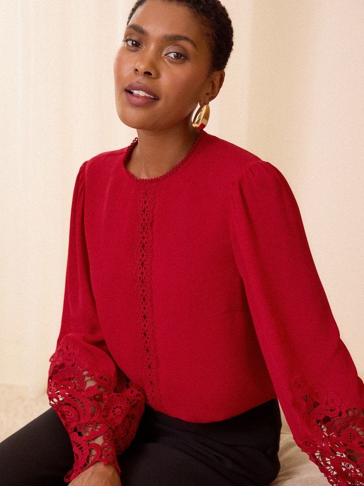 Love & Roses Red Lace Cuff Crew Neck Blouse - Image 2 of 4 Love & Roses Red Lace Cuff Crew Neck Blouse - Image 2 of 4