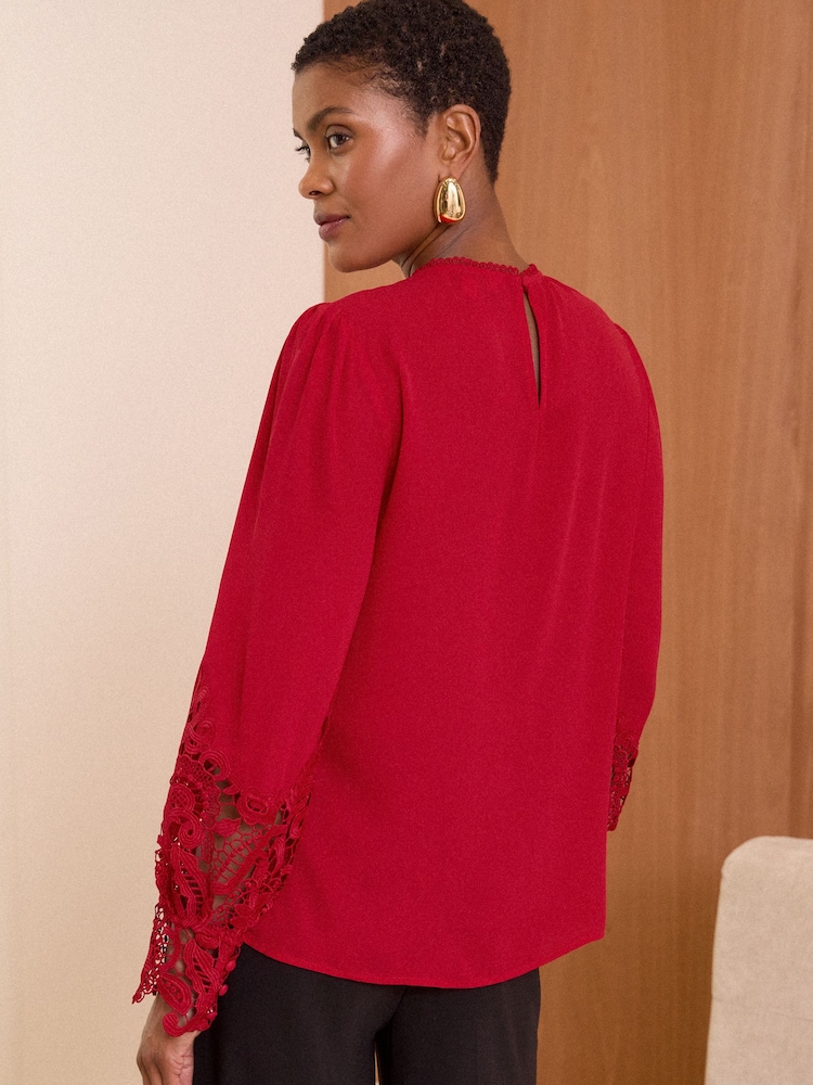 Love & Roses Red Lace Cuff Crew Neck Blouse - Image 4 of 4 Love & Roses Red Lace Cuff Crew Neck Blouse - Image 4 of 4