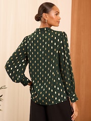 Love & Roses Green Petite V Neck Foil Long Sleeve Shirt - Image 4 of 4