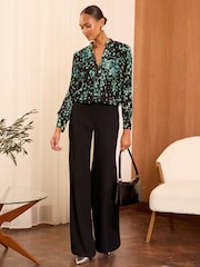 Love & Roses Green Animal Petite Pleated PU Trim Long Sleeve Blouse - Image 3 of 4