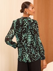 Love & Roses Green Animal Petite Pleated PU Trim Long Sleeve Blouse - Image 4 of 4