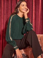 Love & Roses Dark Green Crew Neck Sequin Trim Long Sleeve Blouse - Image 2 of 4
