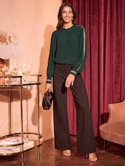 Love & Roses Dark Green Crew Neck Sequin Trim Long Sleeve Blouse - Image 3 of 4