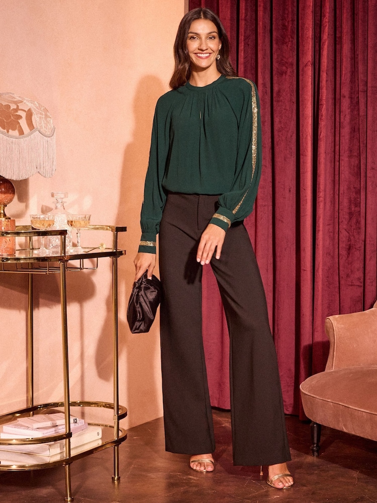 Love & Roses Dark Green Crew Neck Sequin Trim Long Sleeve Blouse - Image 3 of 4