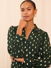 Love & Roses Green V Neck Foil Long Sleeve Shirt - Image 2 of 4