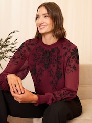 Love & Roses Red Embroidered High Neck Long Sleeve Blouse - Image 1 of 4