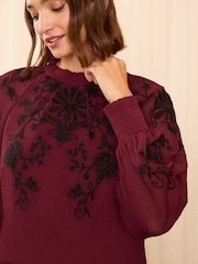 Love & Roses Red Embroidered High Neck Long Sleeve Blouse - Image 2 of 4