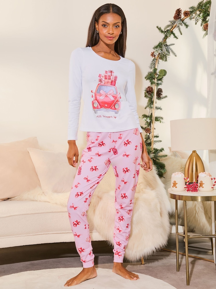 Lipsy White Christmas Jersey Pyjama Trousers Set - Image 1 of 4