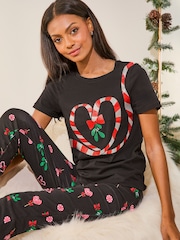 Lipsy Black Candy Cane Christmas Jersey Pyjama Trousers Set - Image 1 of 4