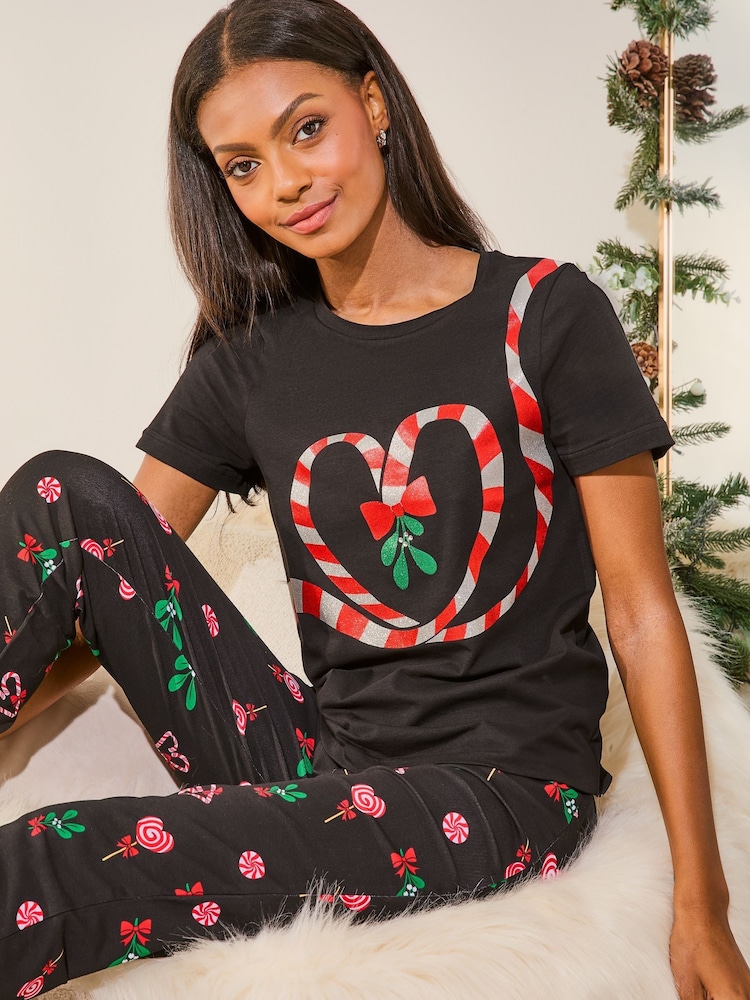 Lipsy Black Candy Cane Christmas Jersey Pyjama Trousers Set - Image 1 of 4
