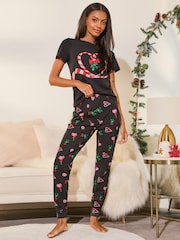 Lipsy Black Candy Cane Christmas Jersey Pyjama Trousers Set - Image 2 of 4