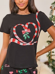 Lipsy Black Candy Cane Christmas Jersey Pyjama Trousers Set - Image 3 of 4