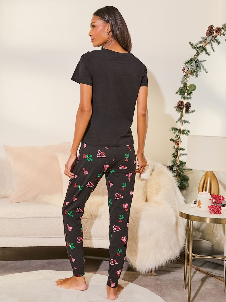 Lipsy Black Candy Cane Christmas Jersey Pyjama Trousers Set - Image 4 of 4