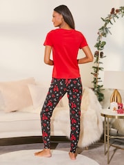 Lipsy Red Sleigh Bells Christmas Jersey Pyjama Trousers Set - Image 4 of 4