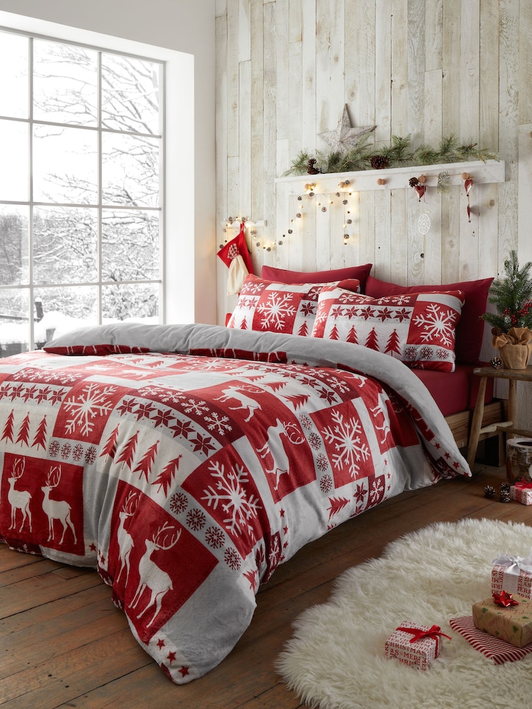 Fusion Red Fairisle Pattern Patchwork Plush Christmas Duvet Cover Set - Image 1 of 4