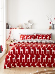 Fusion Red Christmas Reindeer 100% Cotton Brushed Duvet Cover Set - Image 1 of 4
