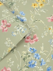 Laura Ashley Sage Green Floral Poppy Meadow 10M Wallpaper - Image 2 of 4