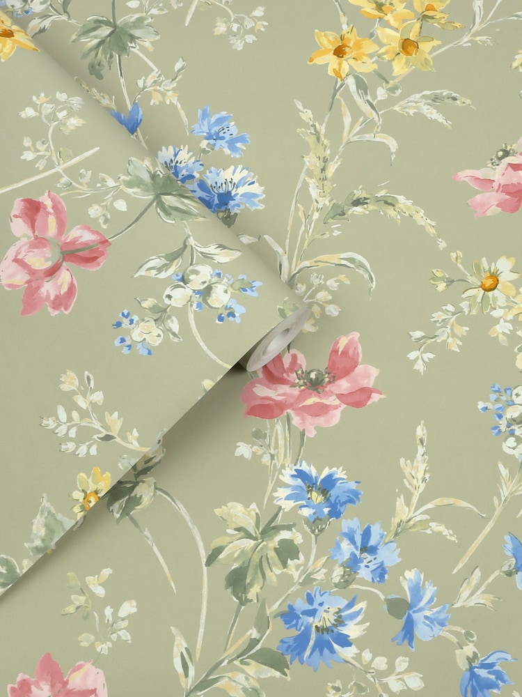 Laura Ashley Sage Green Floral Poppy Meadow 10M Wallpaper - Image 2 of 4