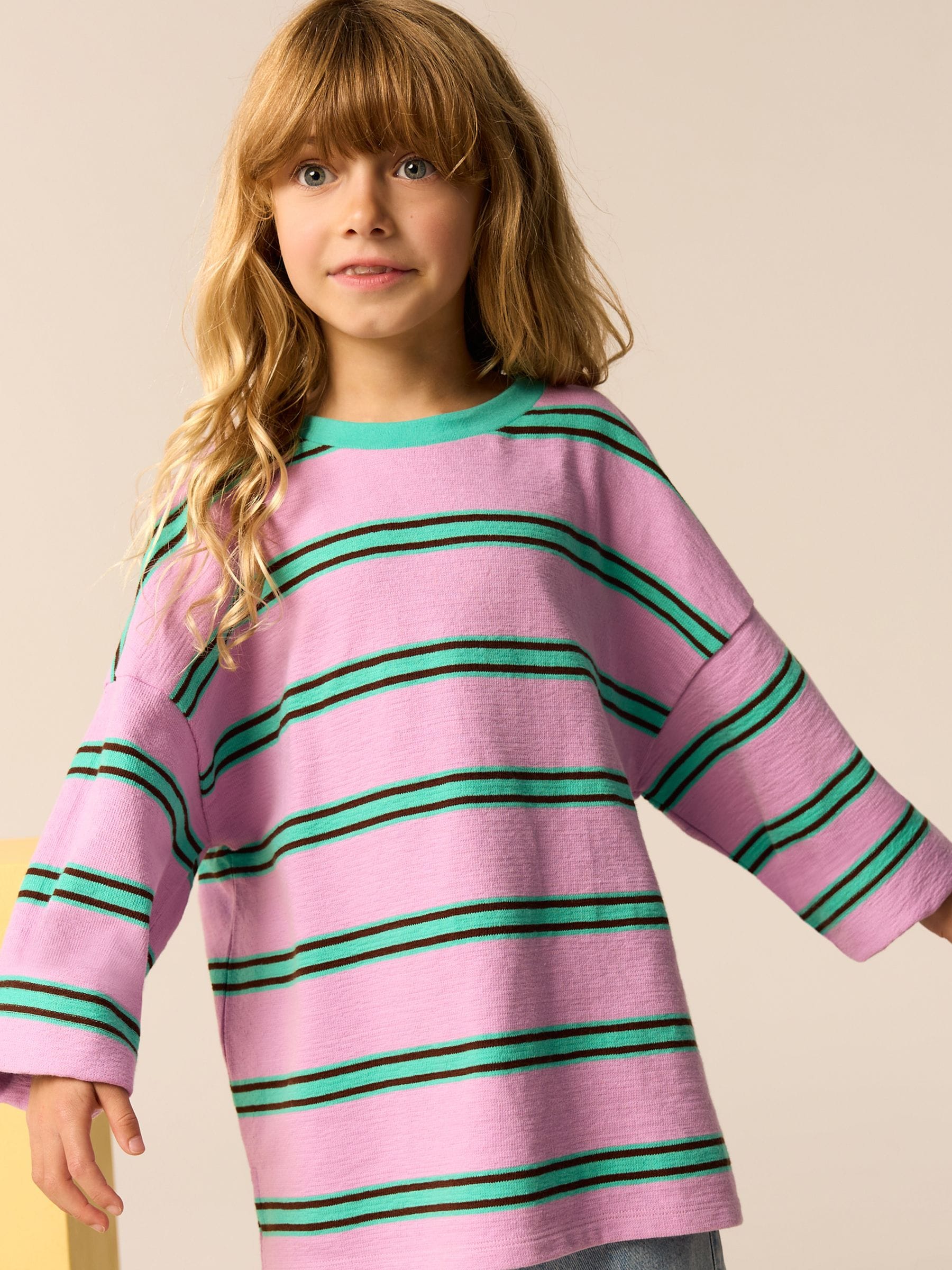 Buy Pink/Green Oversized Long Sleeve Textured 100% Cotton T