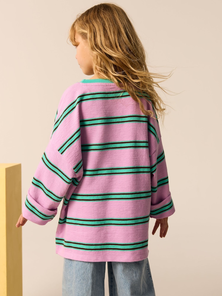 Pink/Green Oversized Long Sleeve Textured 100% Cotton T-Shirt (3-16yrs) - Image 2 of 4