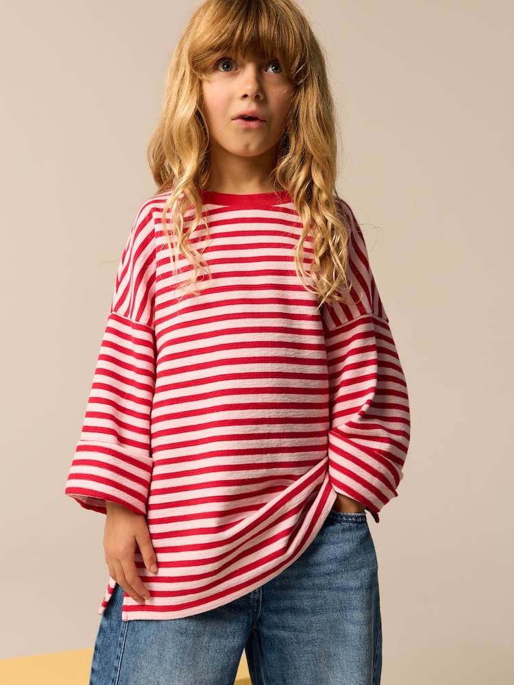 Red/Pink Oversized Long Sleeve Textured 100% Cotton T-Shirt (3-16yrs) - Image 1 of 7