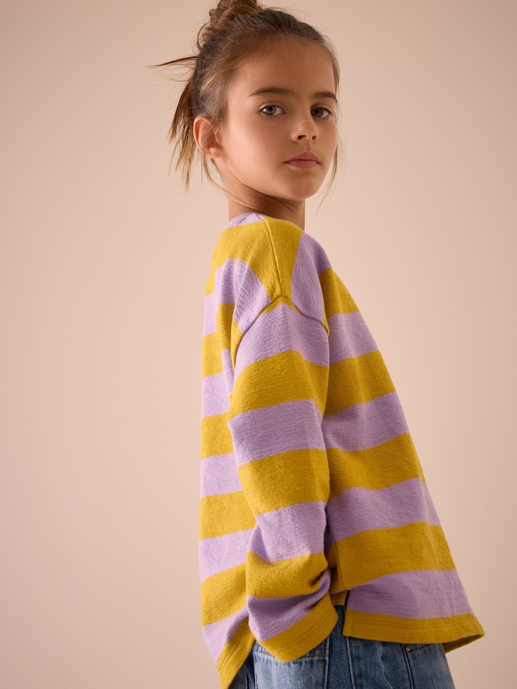 Purple/Ochre Oversized Long Sleeve Textured 100% Cotton T-Shirt (3-16yrs) - Image 4 of 4