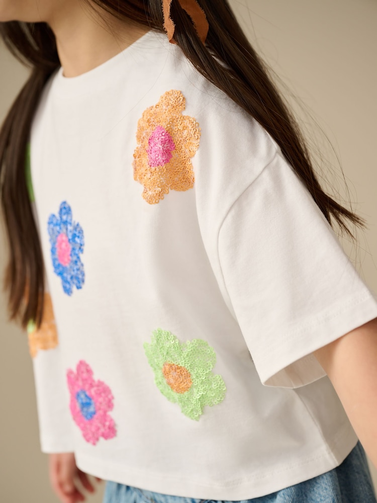 Multi Bright 100% Cotton Sequin Flowers Boxy T-Shirts 4 Pack (3-16yrs) - Image 9 of 11
