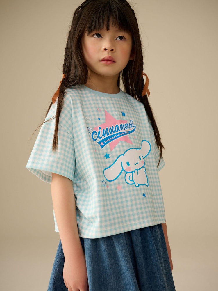 Blue Gingham Cinnamoroll Ruche Side 100% Cotton T-Shirt (3-16yrs) - Image 1 of 8