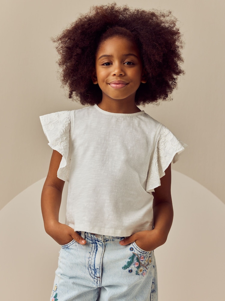 Ecru Cornelli Frill Sleeve 100% Cotton T-Shirt (3-16yrs) - Image 1 of 7