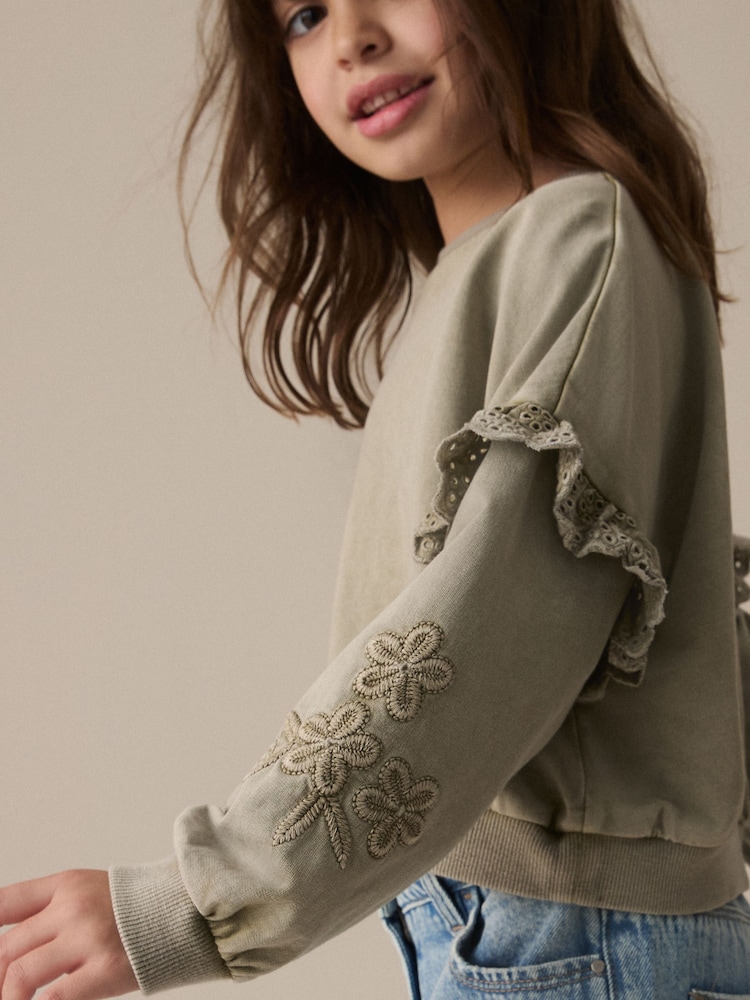 Khaki Green 100% Cotton Embroidered Boxy Long Sleeve Sweatshirt (3-16yrs) - Image 2 of 6
