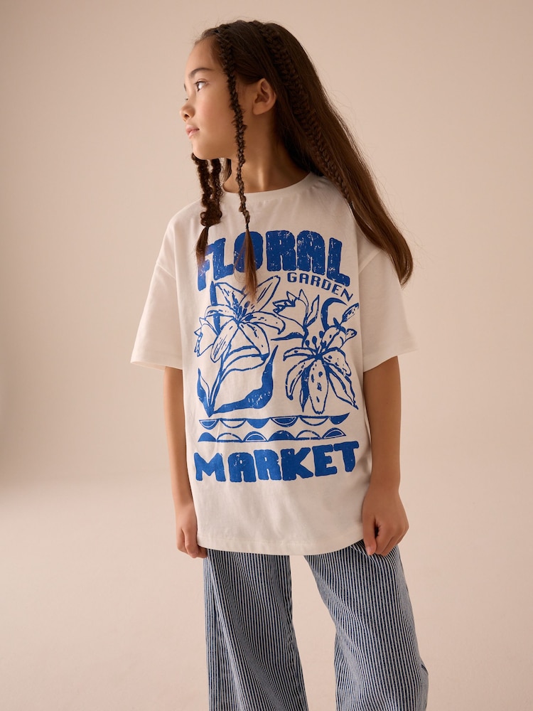 White/Blue Floral Garden Oversized Graphic T-Shirt (3-16yrs) - Image 1 of 7