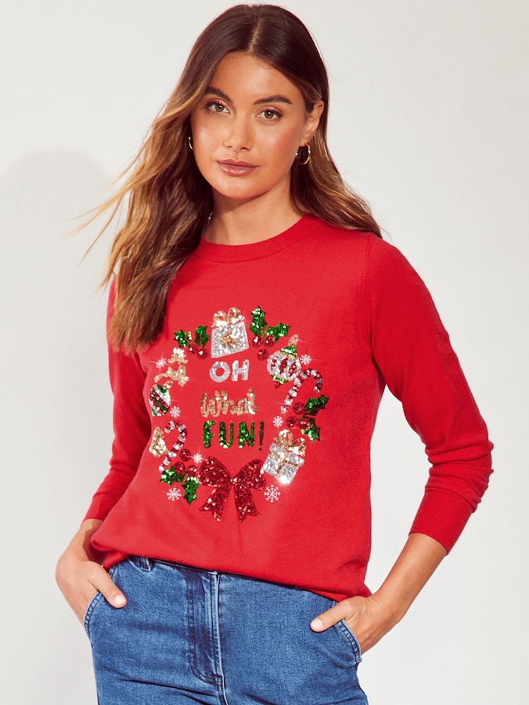 Friends Like These Red Sequin Christmas Jumper. - Image 1 of 4