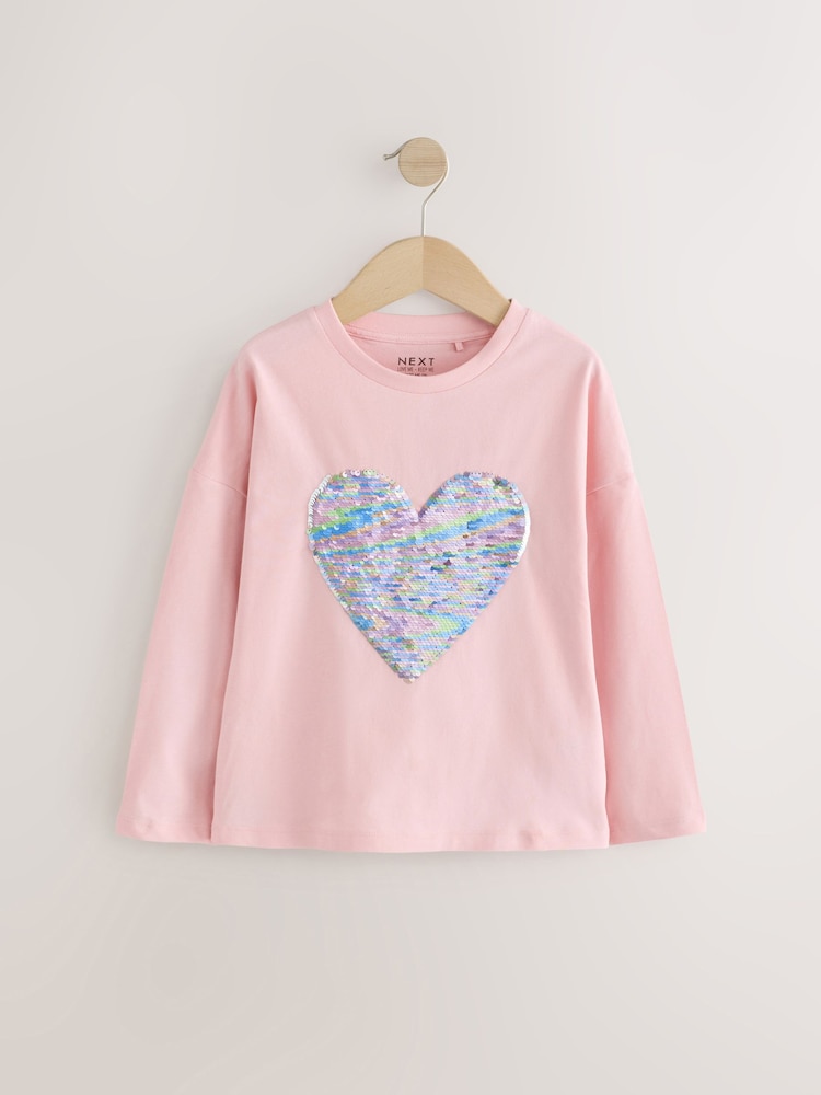 Light Pink 100% Cotton Sequin Heart Long Sleeve T-Shirt (3-16yrs) - Image 1 of 6