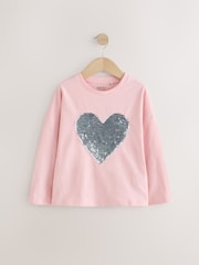 Light Pink 100% Cotton Sequin Heart Long Sleeve T-Shirt (3-16yrs) - Image 2 of 6