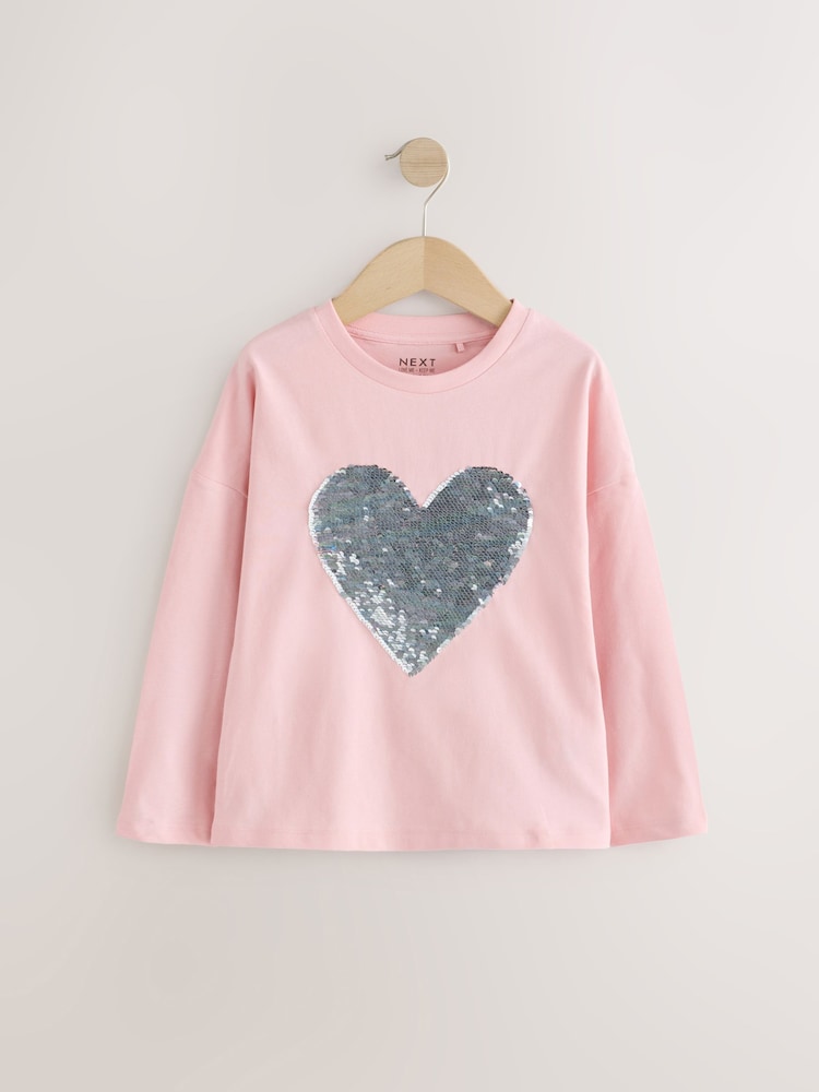 Light Pink 100% Cotton Sequin Heart Long Sleeve T-Shirt (3-16yrs) - Image 2 of 6