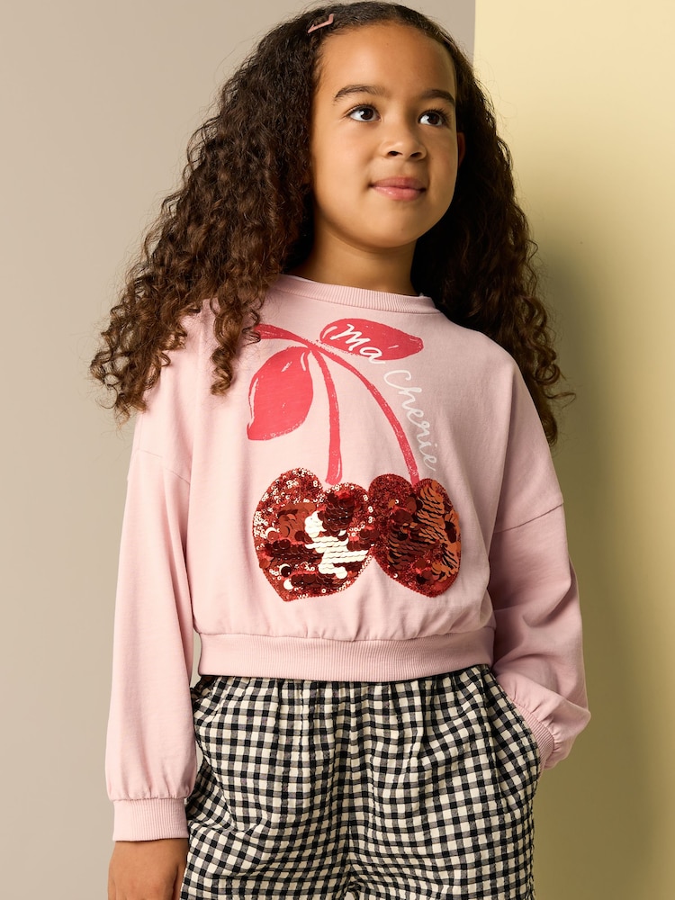 Pink Sequin Cherry Boxy Long Sleeve 100% Cotton Sweatshirt (3-16yrs) - Image 1 of 8