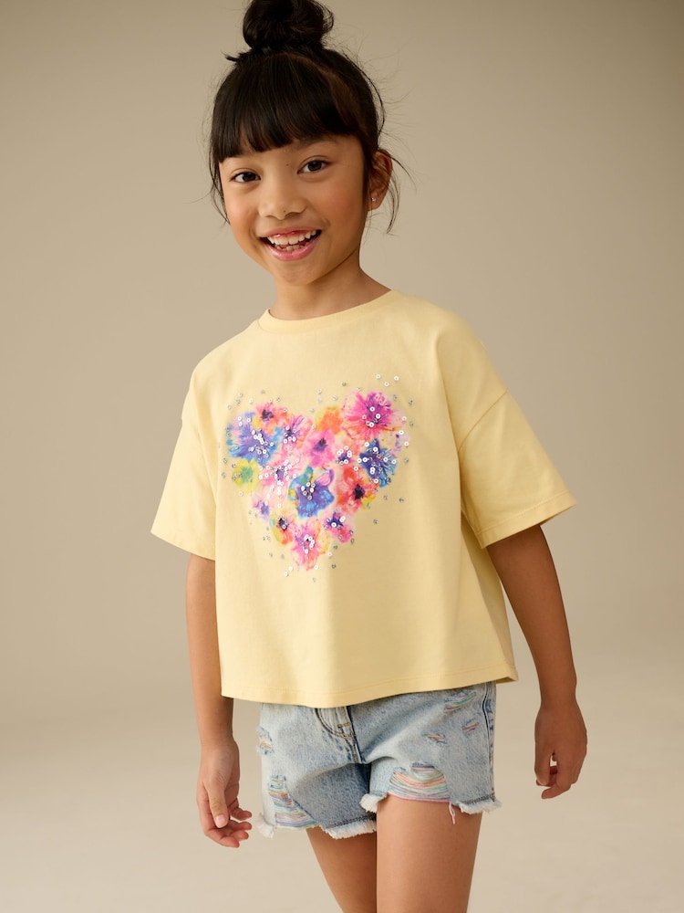 Yellow 100% Cotton Sequin Heart Print T-Shirt (3-16yrs) - Image 1 of 8